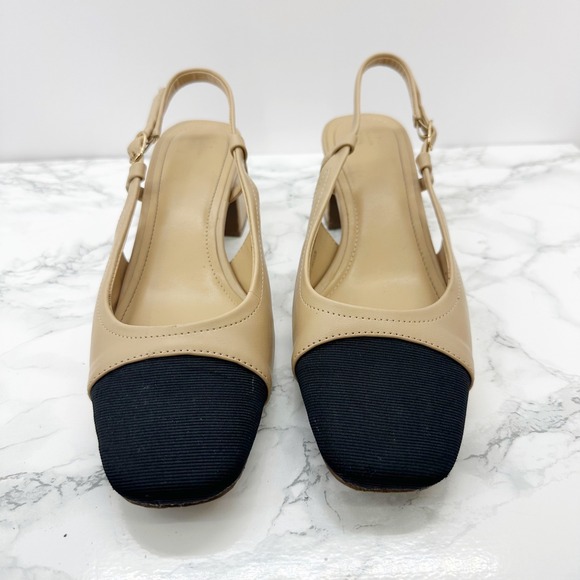 JustFab Gracie Slingback Cap Toe Block Heels Tan Beige Black 7.5 - Picture 1 of 5